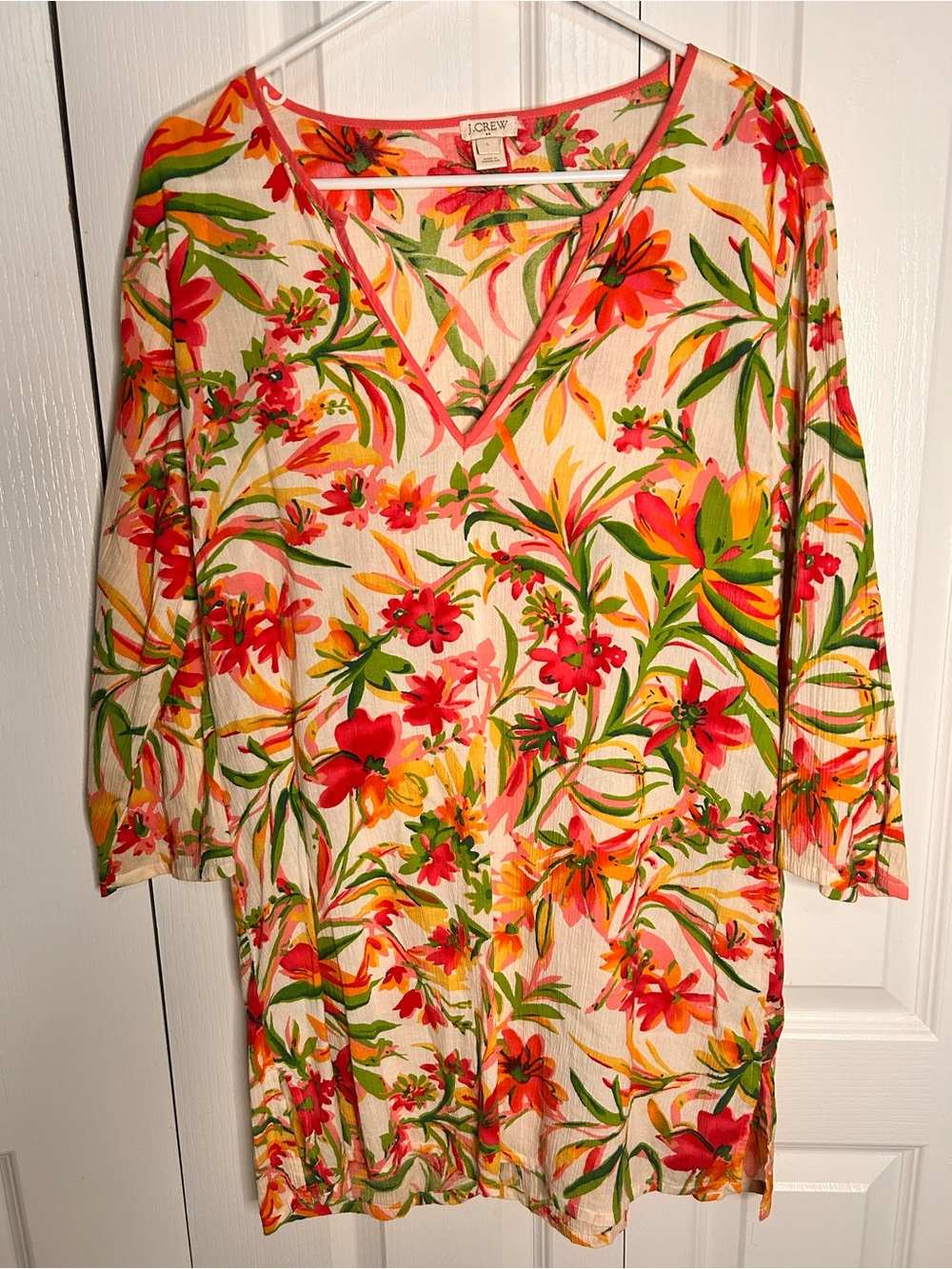 J. Crew Large Tunic Top White Yellow Pink Green‎ Floral Beach Coverup Cotton